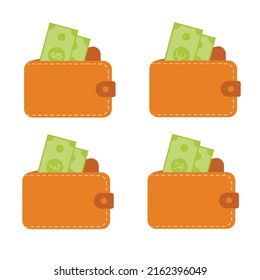 Set of leather open wallets with money dollar, euro, pound, yen. Isolated on white background. Vector illustration.