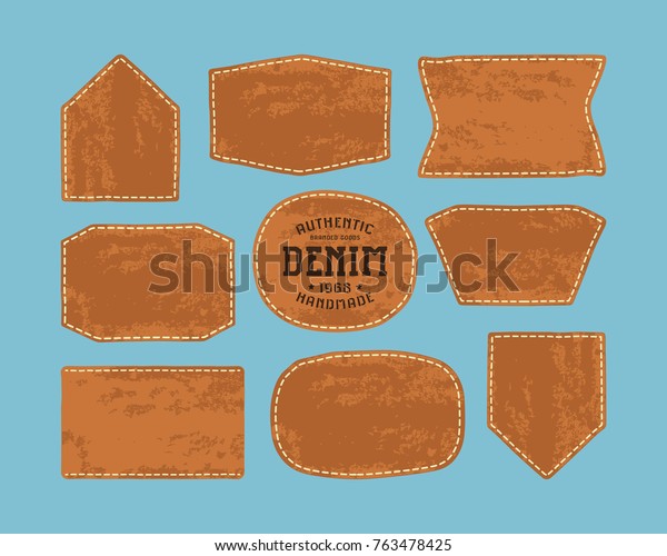 Set of leather patch for denim clothing. Print\
on blue background