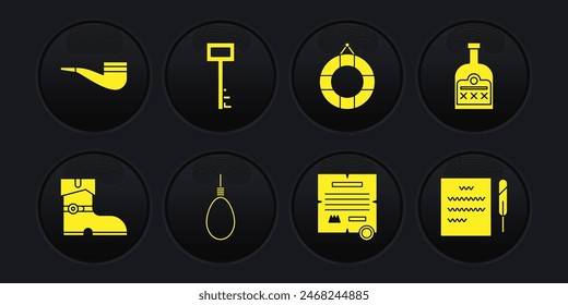 Set Leather pirate boots, Alcohol drink Rum bottle, Gallows rope loop hanging, Decree, parchment, scroll, Lifebuoy, Pirate key, Feather pen and and Smoking pipe icon. Vector