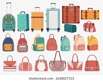 Conjunto de sacos de couro e plástico e bagagem sobre rodas, malas para viajantes, mochila. Coleção de ícone de acessórios de viagem na moda no fundo branco