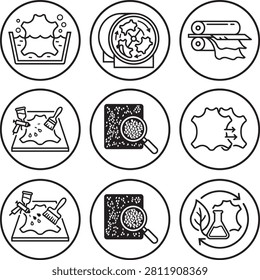 Set of leather production and processing icons in line style