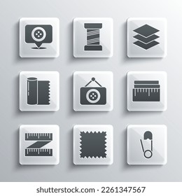 Set Leather, Safety pin, Tape measure, Tailor shop, Textile fabric roll, Location tailor and Layers clothing textile icon. Vector