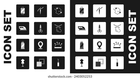 Fijar Cuero, Tijeras, Hierro Eléctrico, Estanque de hilo de coser, Agujas de punto, Aguja con, cama y icono. Vector
