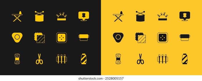 Set Leather, Scissors, Sewing button for clothes, Needle sewing, Layers clothing textile, bed and needles, Electric iron ironing board and Knitting icon. Vector