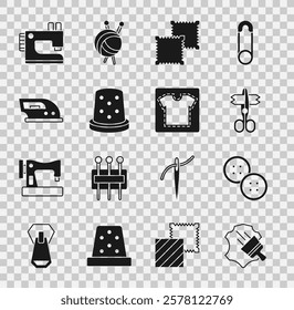 Set Leather, Sewing button, Scissors, Textile fabric roll, Thimble for sewing, Electric iron, machine and pattern icon. Vector