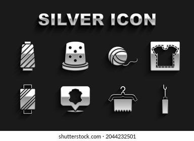 Set Leather, Sewing pattern, Awl tool, Hanger wardrobe, thread on spool, Yarn ball,  and Thimble for sewing icon. Vector