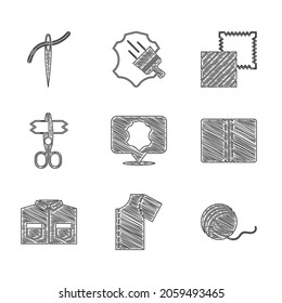 Set Leather, Sewing pattern, Yarn ball, Textile fabric roll, Shirt, Scissors,  and Needle with thread icon. Vector