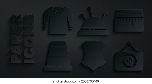 Fijar el cuero, la cinta medida, el brillo para la costura, el taller de sastre, la cama y las agujas de aguja y el icono de suéter. Vector
