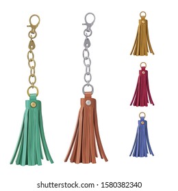 Set of leather tassel. Charm for a woman's bag on a chain and a carbine. Gold and silver colors. Accessories for handbags and wallets. Vector 3d realistic illustration isolated on white.