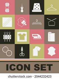 Set Leather, Textile fabric roll, Knitting needles, Thimble for sewing, Yarn and Hanger wardrobe icon. Vector