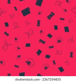 Set Leather, Textile fabric roll, Knitting needles and Sewing thread on spool on seamless pattern. Vector