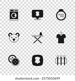 Set Leather, T-shirt on hanger, Needle for sewing, Electric iron and ironing board, Round adjustable embroidery hoop, Washer,  and Teddy bear plush toy icon. Vector