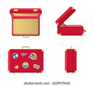 Set of leather vintage suitcases closed and open, front side and top view, memory cards flag of France, Egypt tropical countries, flying plane vector