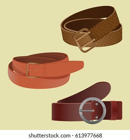 Set of leather waist belts isolated on white background. Modern unisex accessories collection with buckles of different shapes. Vector illustration of clothing objects with metal strap element