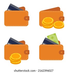 Set Leather wallet with credit card, money and coins.  Vector illustration.