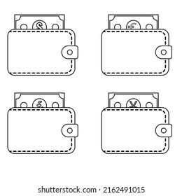 Set of leather wallets with dollar, euro, pound, yen money in line style. Isolated on white background. Vector illustration.