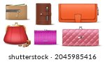 Set of leather wallets male, female and unisex accessories for money banknotes, coins, bills and credit cards. Realistic purses and billfolds isolated. 3d vector illustration