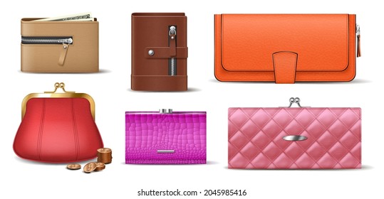Set of leather wallets male, female and unisex accessories for money banknotes, coins, bills and credit cards. Realistic purses and billfolds isolated. 3d vector illustration