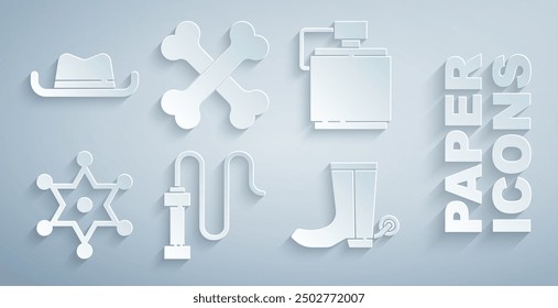 Set Leather whip, Canteen water bottle, Hexagram sheriff, Cowboy boot, Crossed human bones and Western cowboy hat icon. Vector