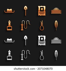 Set Leather whip, Saloon door, Indian feather, Gallows rope loop hanging, Tabasco sauce, Wanted western poster, Western cowboy hat and Shovel icon. Vector