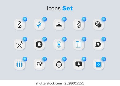 Definir couro, bola de fio com agulhas de tricô, agulha para costura, roupas de botão de costura, carretel de linha e ícone. Vetor