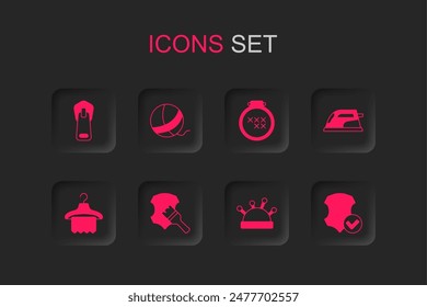Set Leather, Yarn ball, Zipper, Needle bed and needles, Electric iron, Round adjustable embroidery hoop and Hanger wardrobe icon. Vector