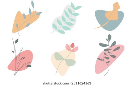 Set of leaves and branches. Abstract botanical plant art design. Flat vector illustration