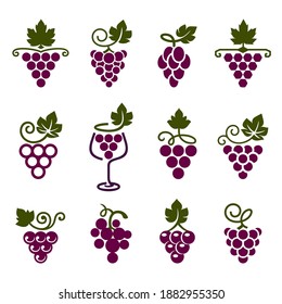 Set of leaves, bunch of grapes in simple flat style. Logos, icons for wine design concept or viticulture. Grapes decorative pattern. Vector illustration.