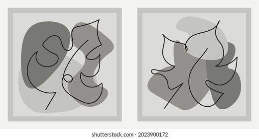 Set of leaves continuous line art with grey abstract shape. Modern style. Vector illustration for wall decoration, covers and postcard design. 