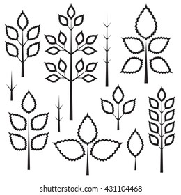 Set of leaves design elements, black isolated on white background, vector illustration.