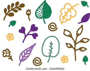 A set of leaves of different colors and shapes. Vector file for designs.
