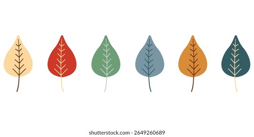 Conjunto de folhas em cores diferentes. Folhas bonitas desenhadas à mão. Design acolhedor de outono. Ilustração vetorial.