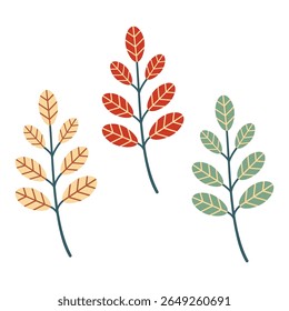 Conjunto de folhas em cores diferentes. Folhas bonitas desenhadas à mão. Design acolhedor de outono. Ilustração vetorial.