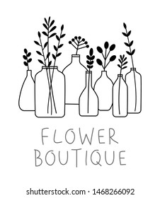 Set of leaves, flowers and branches in bottles and vases isolated on white - florist studio concept