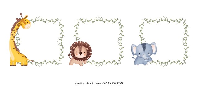 Set of Leaves Frame with Safari Animals