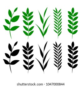 Set of leaves and herbs silhouettes, isolated vector illustration.
