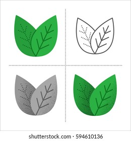 Set Of Leaves Icons In Different Styles: Retro, Flat, Thin Line, Black And White With Vintage Texture. Green Tea, Mint Or Tree Leaf - Nature, Eco, Health Or Natural Symbol. Vector Illustration.