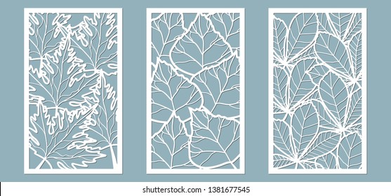 Set. Leaves, Maple, chestnut, birch. Templates in the form of rectangle. Abstract rectangle. Vector illustration of a laser cutting. Plotter cutting and screen printing