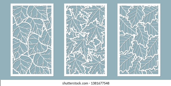 Set. Leaves, Maple, chestnut, birch. Templates in the form of rectangle. Abstract rectangle. Vector illustration of a laser cutting. Plotter cutting and screen printing
