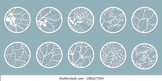 Set. Leaves, Oak, maple, Rowan, chestnut, berries, acorn, seeds, birch, ash. Templates in the form of circles. Abstract circles, balls Vector illustration of a laser cutting Plotter cutting 