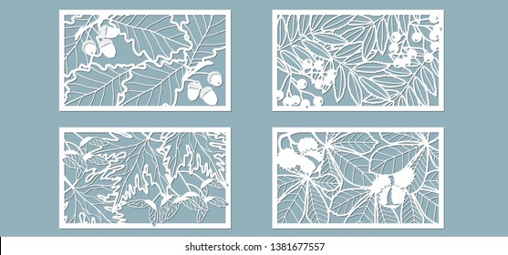 Set. Leaves, Oak, maple, Rowan, chestnut, berries, acorn, seeds. Templates in the form of rectangle. Abstract rectangle. Vector illustration of a laser cutting Plotter cutting and screen printing