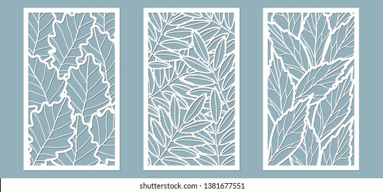 Set. Leaves, Oak, Rowan, ash. Templates in the form of rectangle. Abstract rectangle. Vector illustration of a laser cutting. Plotter cutting and screen printing