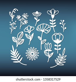 Set of leaves patterns and a flower for laser cutting. Floral elements for scrapbooking and other design. Pattern for carving out of various materials. Vector illustration in paper style.