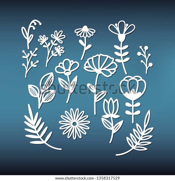 Set of leaves patterns and a flower for laser\
cutting. Floral elements for scrapbooking and other design. Pattern\
for carving out of various materials. Vector illustration in paper\
style.