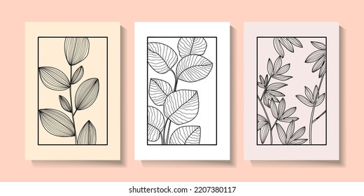 Reihe von Blättern Pflanzen, handgezeichnet, Linien, schwarz auf weißem Hintergrund, Vektorgrafik,