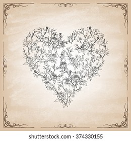 Set of leaves and roses in the form of heart. Hand drawn elements. Vector illustration.