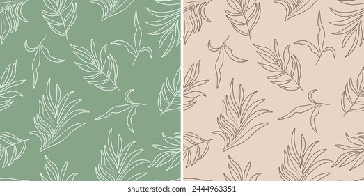 Set of leaves seamless pattern. Vector botany elements on Sage Green and beige background.