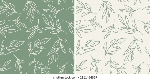 Set of leaves seamless repeat pattern. Random placed, vector botany elements hand drawn all over surface print on sage green and beige background.