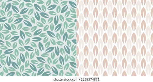 Set of Leaves Seamless Repeat Pattern. Vector Illustration on a Green and Beige Background.