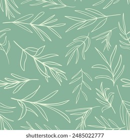 Set of leaves seamless repeat pattern. Random placed, vector botany elements hand drawn all over surface print on sage green and beige background.
